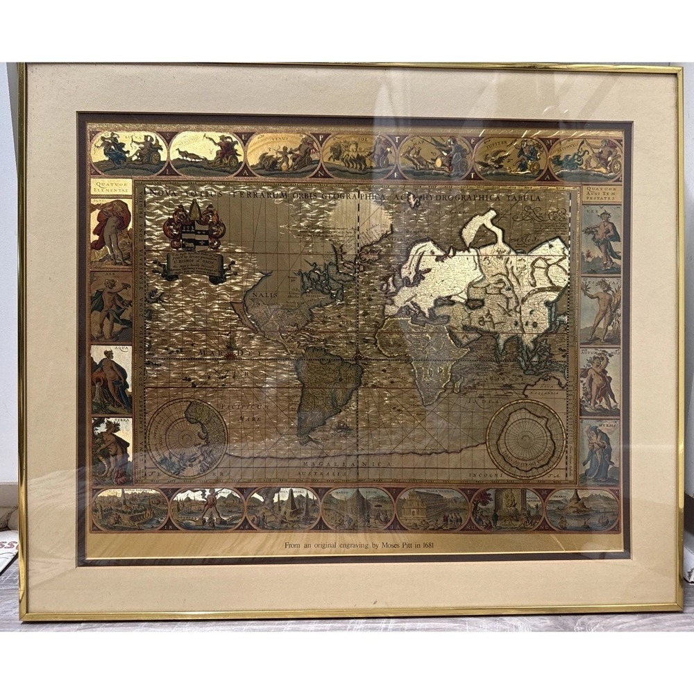 Vtg Gold Foil Old World Map Moses Pitt Nova Totius Terrarum Orbis Geographica